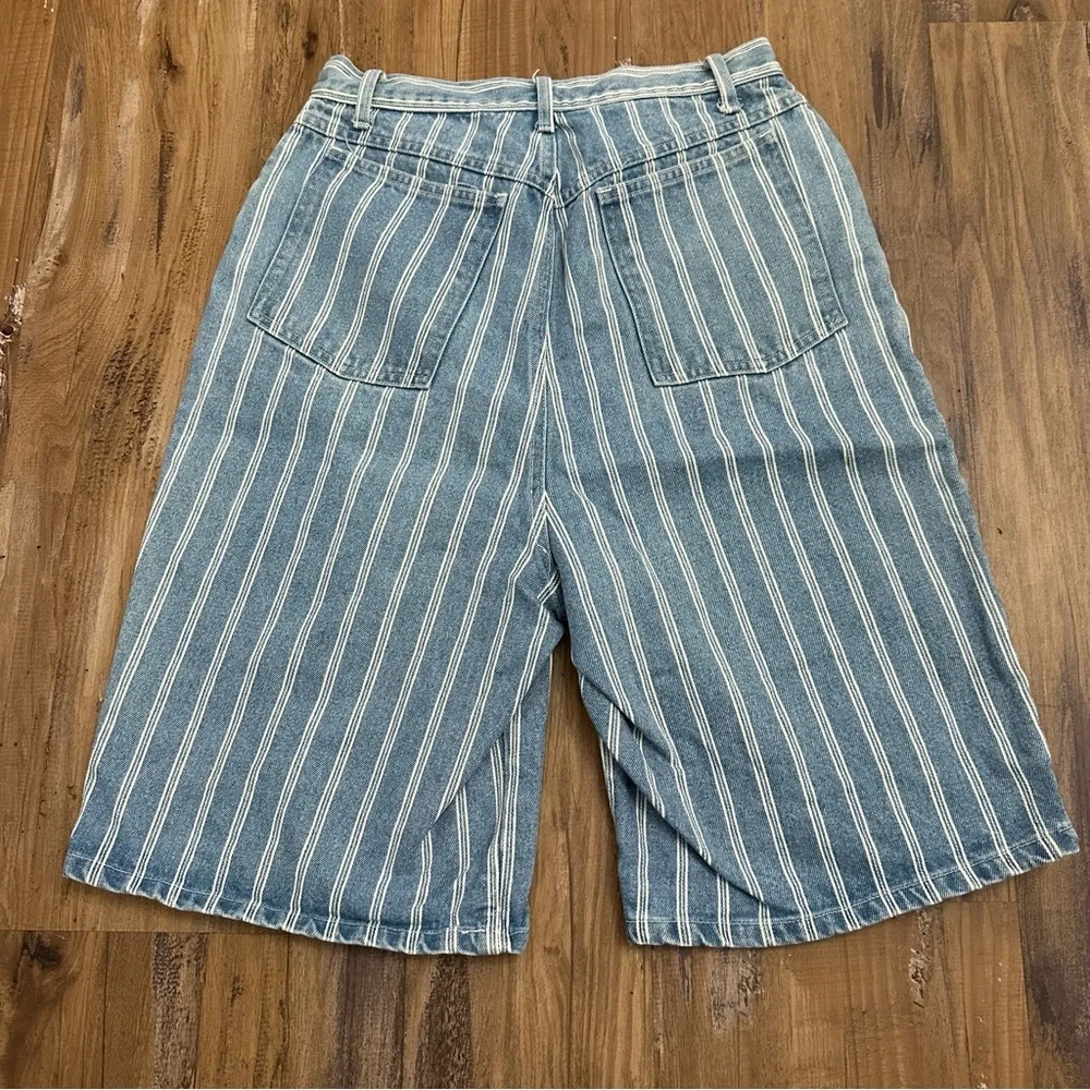VTG 80s 90s High Waist Long Baggy Bermuda Blue & White Stripe Jean Denim Shorts